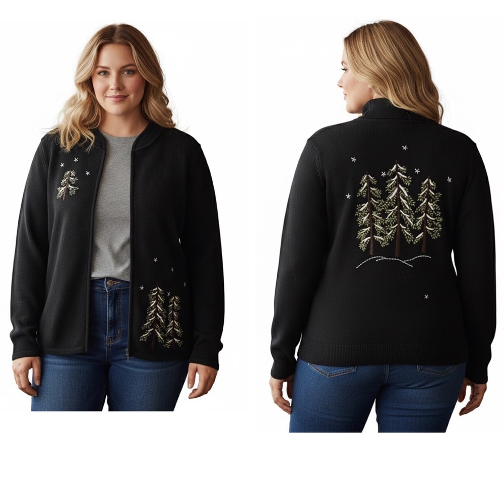 Vintage Breckenridge Black Embroidered Zip Cardigan Sweater Green Forest 1X